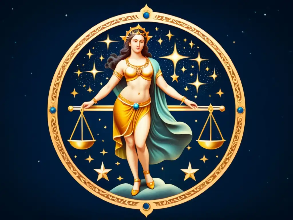 Una ilustración vintage en 8k detallando la constelación Libra, evocando su significado mitológico con una atmósfera celestial y mística