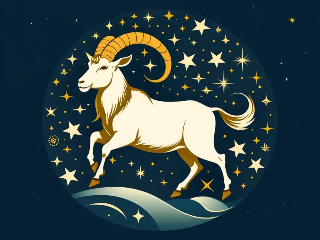 Una ilustración vintage del signo zodiacal Capricornio, con un majestuoso cabra con cuerpo de pez en un cielo estrellado