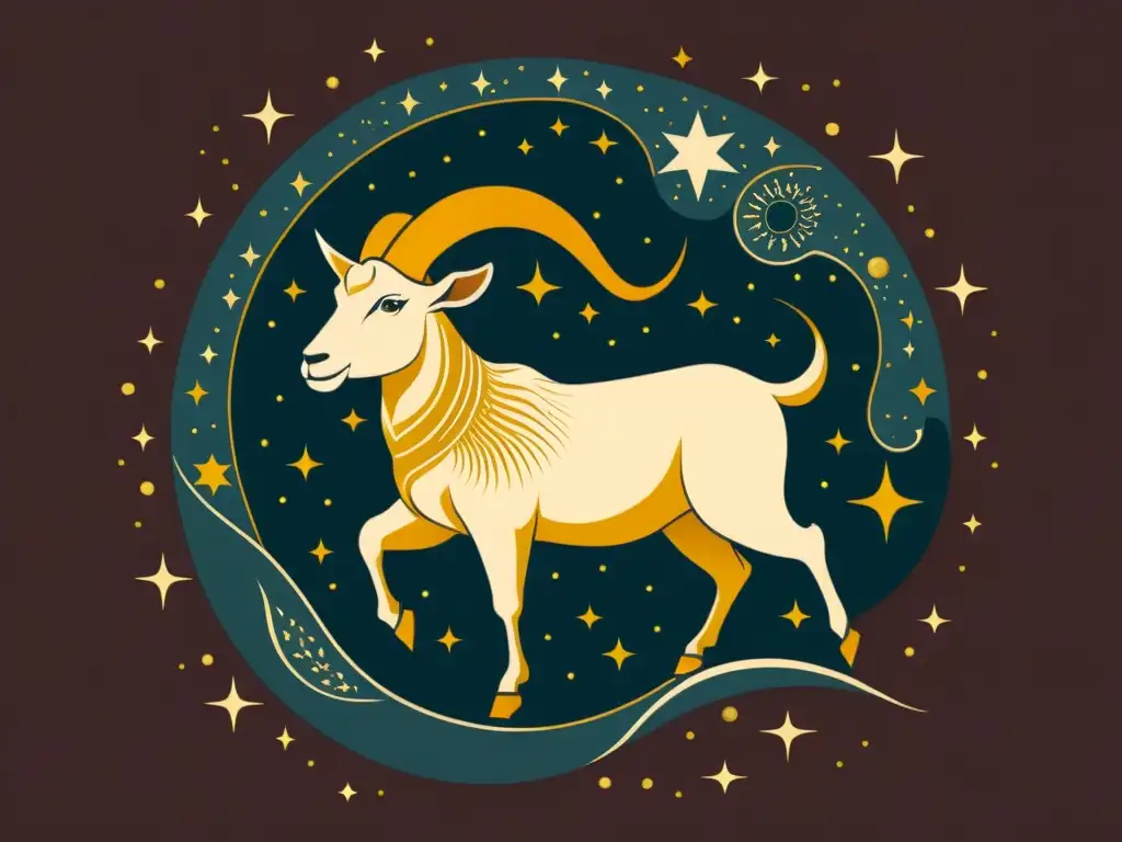 Una ilustración vintage del signo zodiacal Capricornio, con tonos terrosos y destellos dorados, evocando la mitología de las estrellas y el significado ancestral de Capricornio en la tradición griega e india