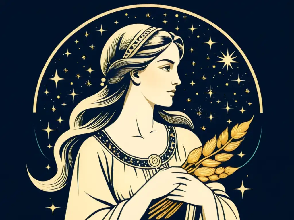 Una ilustración vintage del signo zodiacal Virgo, con una imagen serena y etérea de una doncella rodeada de estrellas y elementos celestiales, evocando el significado mitológico de Virgo con sabiduría y gracia