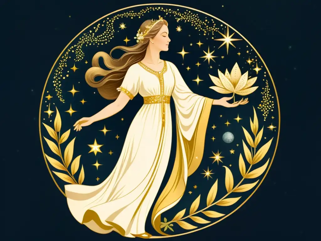 Una ilustración vintage del signo zodiacal de Virgo, con una figura celestial rodeada de elementos simbólicos de sanación y pureza