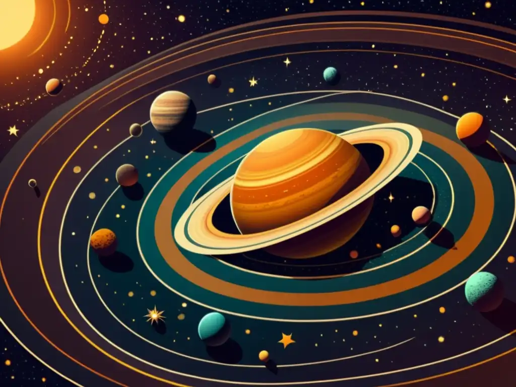 Una ilustración vintage de un sistema planetario con múltiples exoplanetas orbitando una estrella lejana, detallando las superficies de los planetas y su posición en el paisaje cósmico