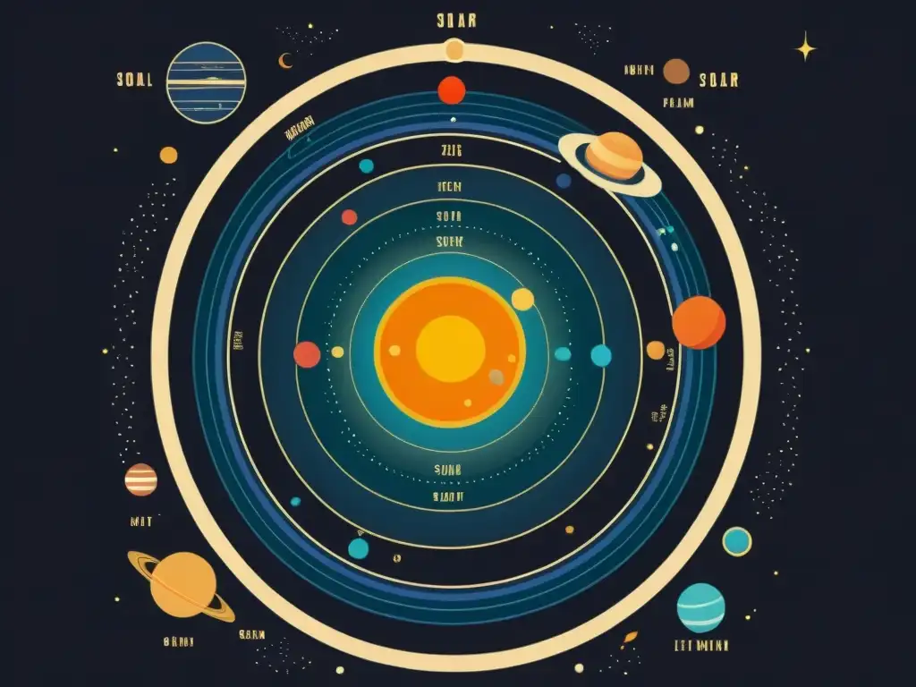 Una ilustración vintage del sistema solar, con planetas y lunas en detalle