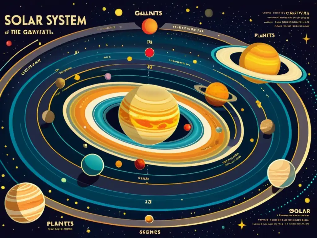 Una ilustración vintage del sistema solar con planetas en movimiento, capturando la coreografía del movimiento planetario explicado con metáforas coreográficas