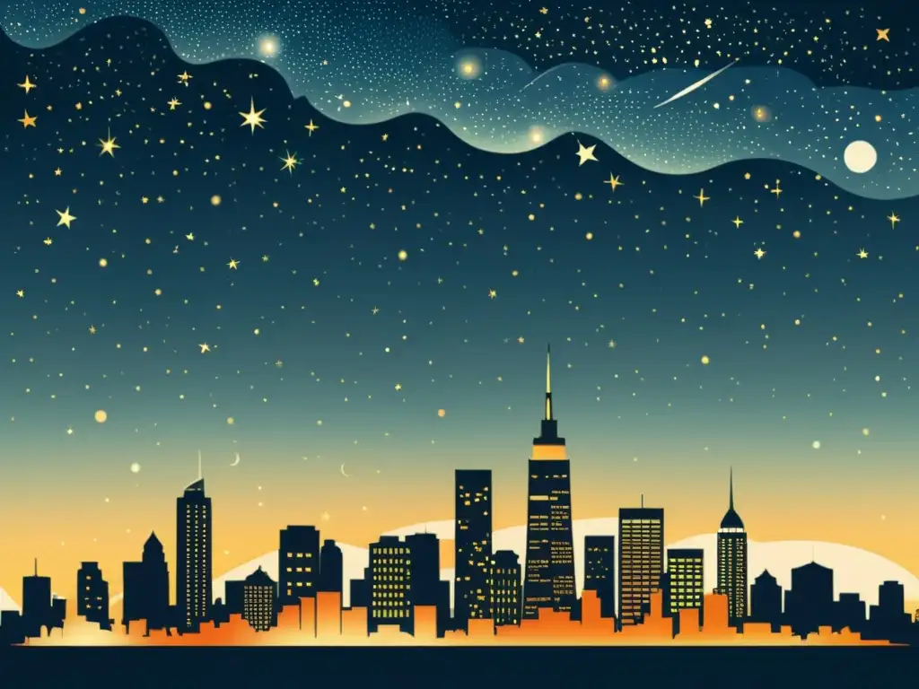 Una ilustración vintage de un skyline urbano iluminado por la contaminación lumínica, con estrellas apenas visibles