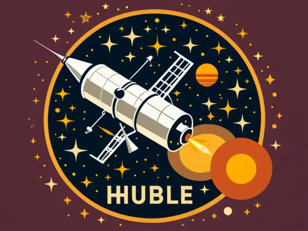 Una ilustración vintage del Telescopio Espacial Hubble orbitando la Tierra, con detalles intrincados y colores cálidos