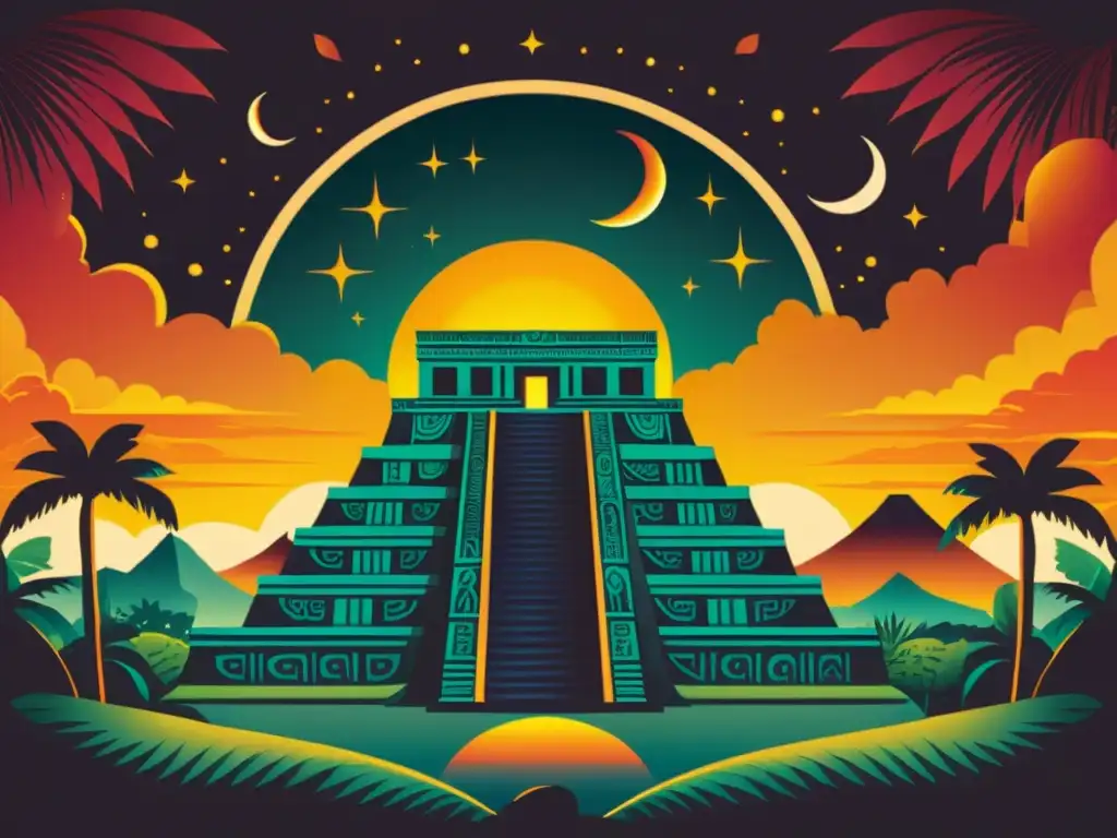 Una ilustración vintage de un templo maya con un eclipse solar de fondo, mostrando la conexión mística entre eclipses y creencias indígenas americanas