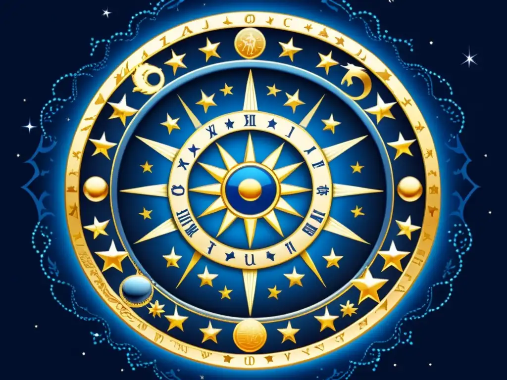 Una ilustración vintage del zodiaco: símbolos y motivos celestiales detallados en una rueda sobre fondo azul profundo, rodeada de estrellas