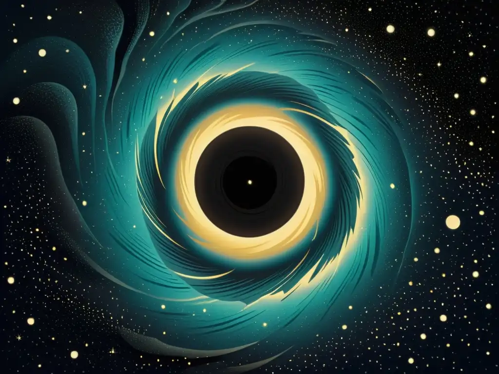 Vórtice estelar: Misterio y fascinación cósmica Una ilustración vintage de un vórtice oscuro y misterioso entre estrellas, evocando la atracción de los agujeros negros en la mitología urbana