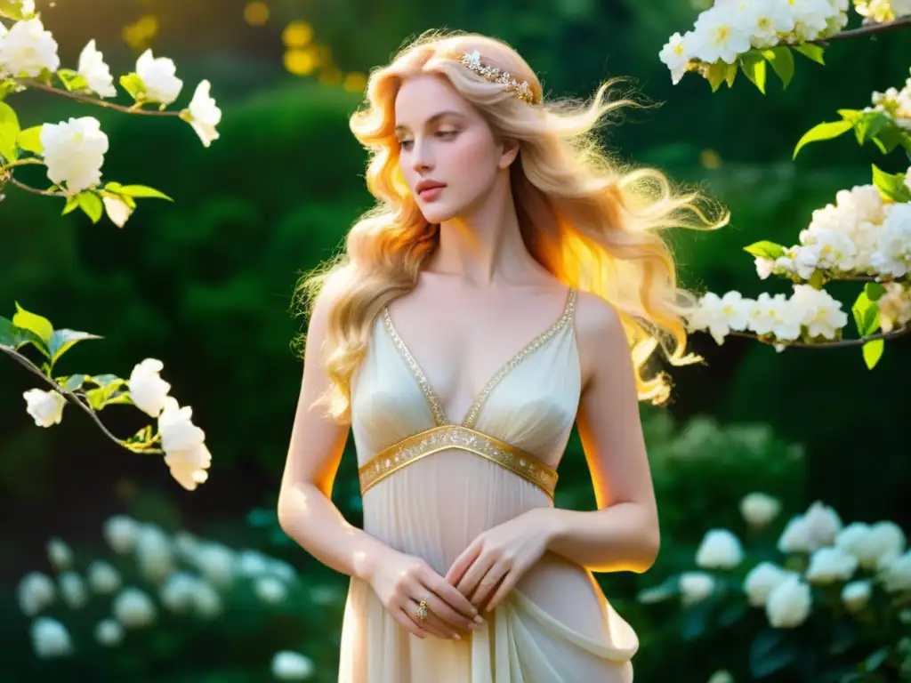Afrodita en el jardín de flores: belleza divina Imagen de Afrodita, diosa de la belleza, en un jardín con flores, irradiando encanto y belleza divina