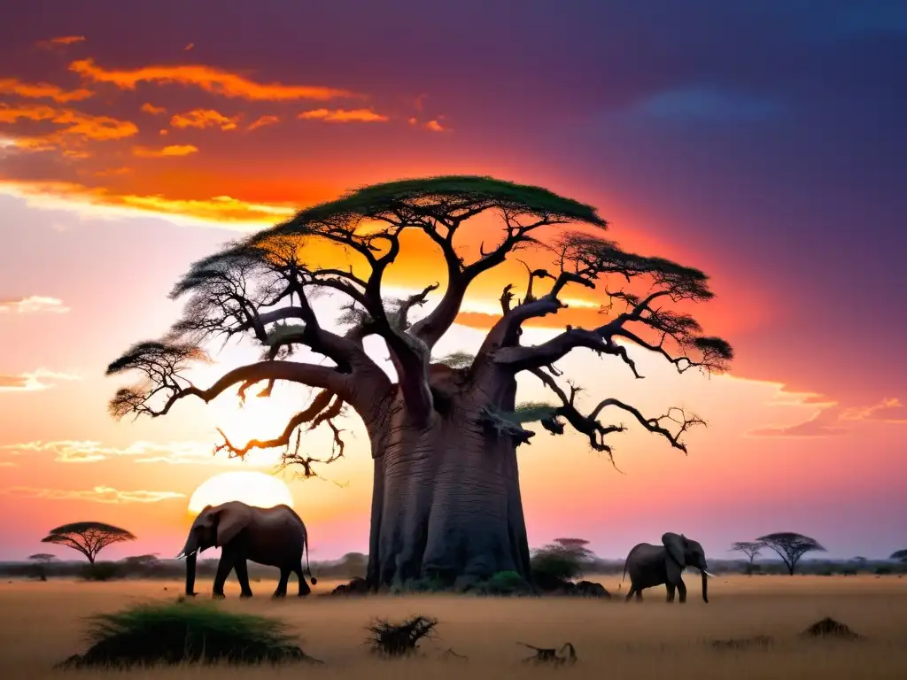 Imagen de un atardecer en la sabana africana, con baobabs, elefantes y jirafas