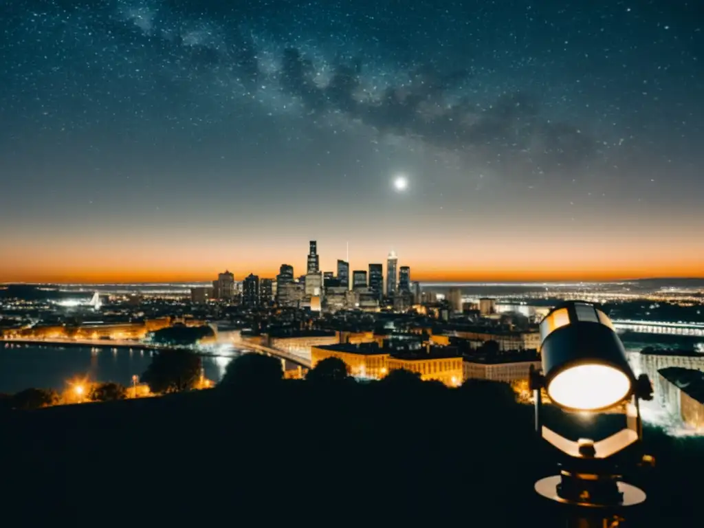 Imagen en blanco y negro de una ciudad de noche con impacto de contaminación lumínica en la observación astronómica