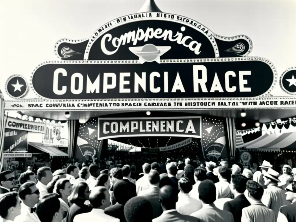 Imagen en blanco y negro de feria espacial histórica con atracciones y carteles en español