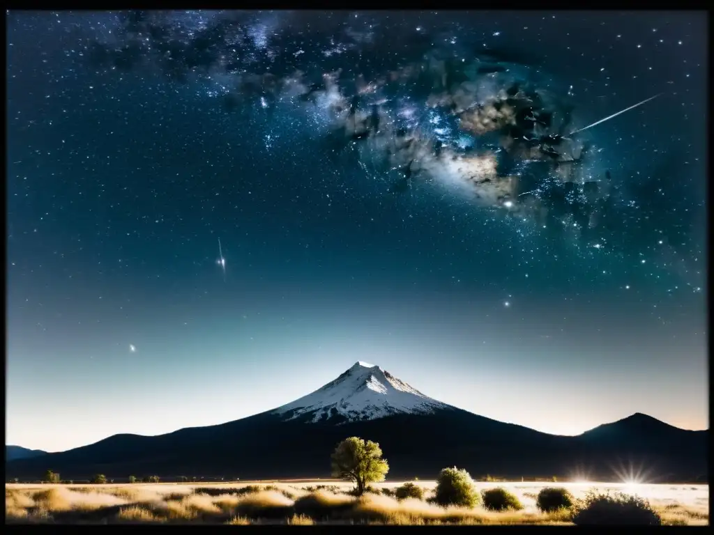 Imagen en blanco y negro de larga exposición del cielo nocturno con constelaciones y montañas al fondo, evocando nostalgia y asombro