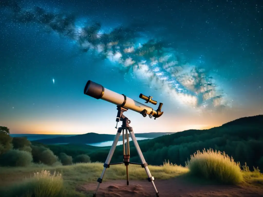 Imagen de la Vía Láctea brillante, con un telescopio vintage en primer plano y naturaleza tranquila