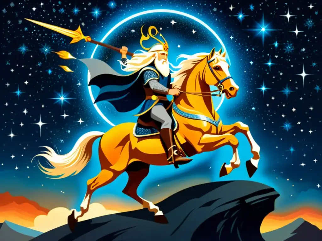 Imagen de Odin en Sleipnir, su caballo de ocho patas, surcando el cosmos entre estrellas y galaxias, evocando eventos cósmicos y mitología nórdica