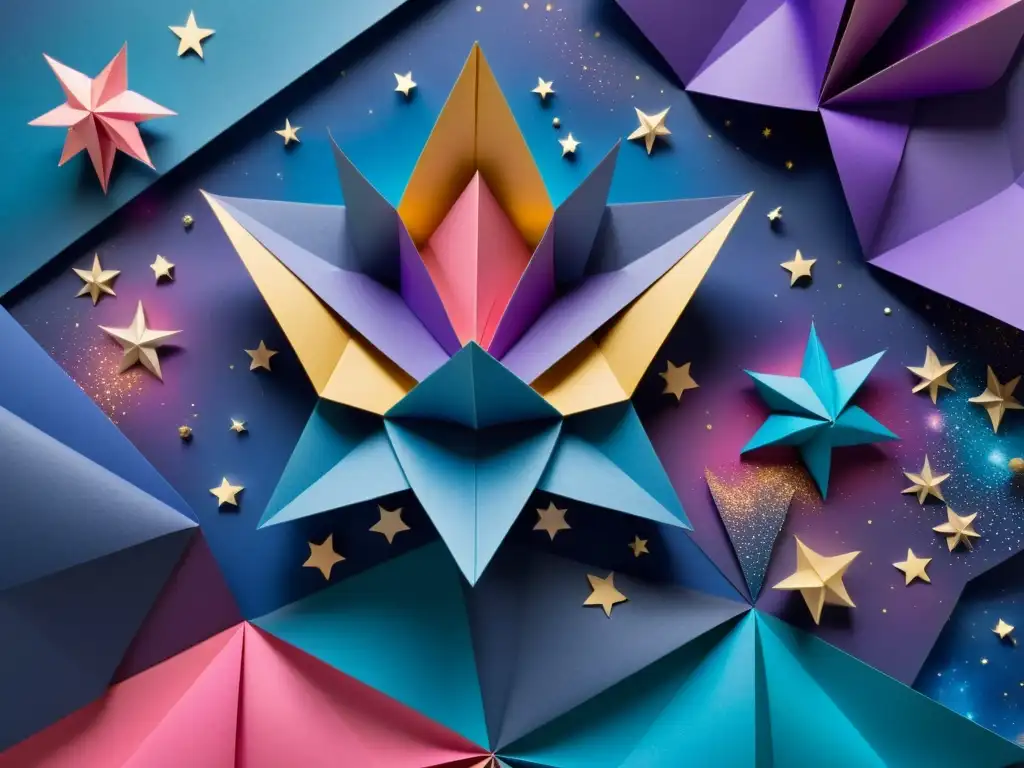 Imagen 8k de origami cósmico para formar estrellas en un escenario celestial vintage