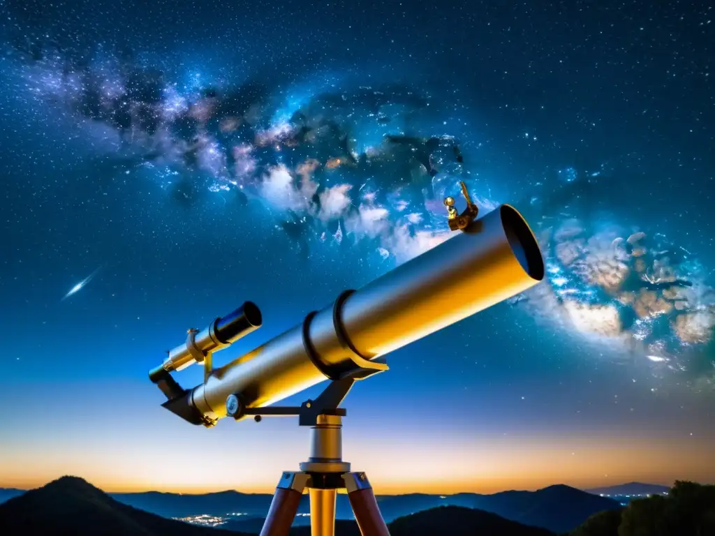 Imagen detallada del cielo nocturno con un telescopio vintage, capturando la belleza majestuosa de las estrellas durante la temporada de Navidad