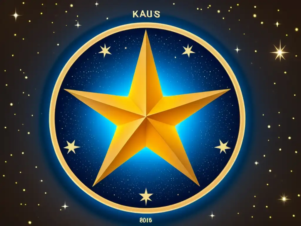 Kaus Australis: Estrella Vintage en Sagitario Imagen detallada en 8k de Kaus Australis en la constelación de Sagitario, con tonos dorados y estrellas circundantes, evocando nostalgia y asombro