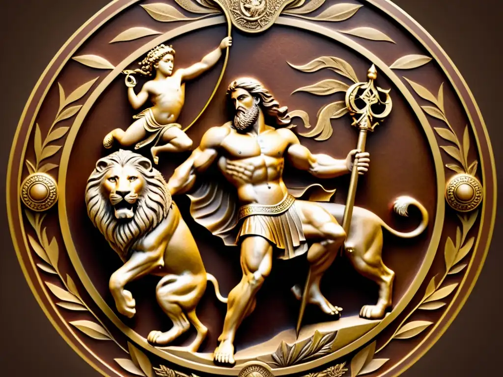 La lucha heroica de Hércules: entre humanidad y divinidad Imagen detallada del héroe griego Hércules luchando con el león de Nemea, representando su herencia divina y sus desafíos como héroe mortal