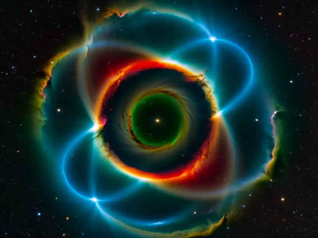 Esplendor cósmico: Nebulosa del Anillo en detalle Una imagen detallada de la nebulosa planetaria M57, mostrando capas de gas y polvo en tonos rojos, verdes y azules, creando un tapiz cósmico