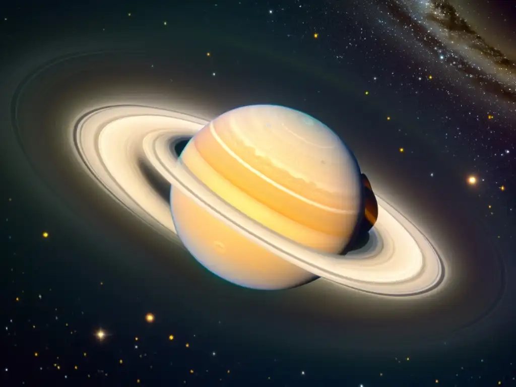 Imagen detallada de Saturno con sus icónicos anillos, rodeado de estrellas y polvo cósmico, evocando la mitología y los detalles de este planeta único