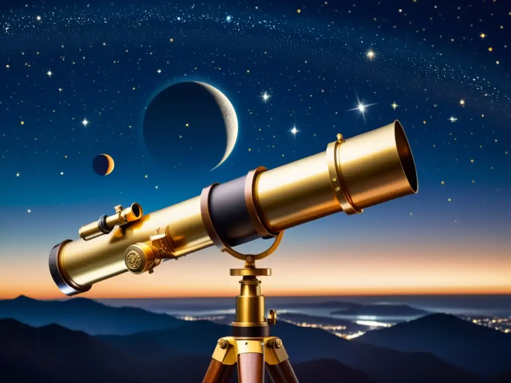 Imagen de un detallado dibujo de un telescopio vintage apuntando al cielo nocturno con planetas y estrellas, evocando la belleza del cosmos y revistas digitales eventos celestiales