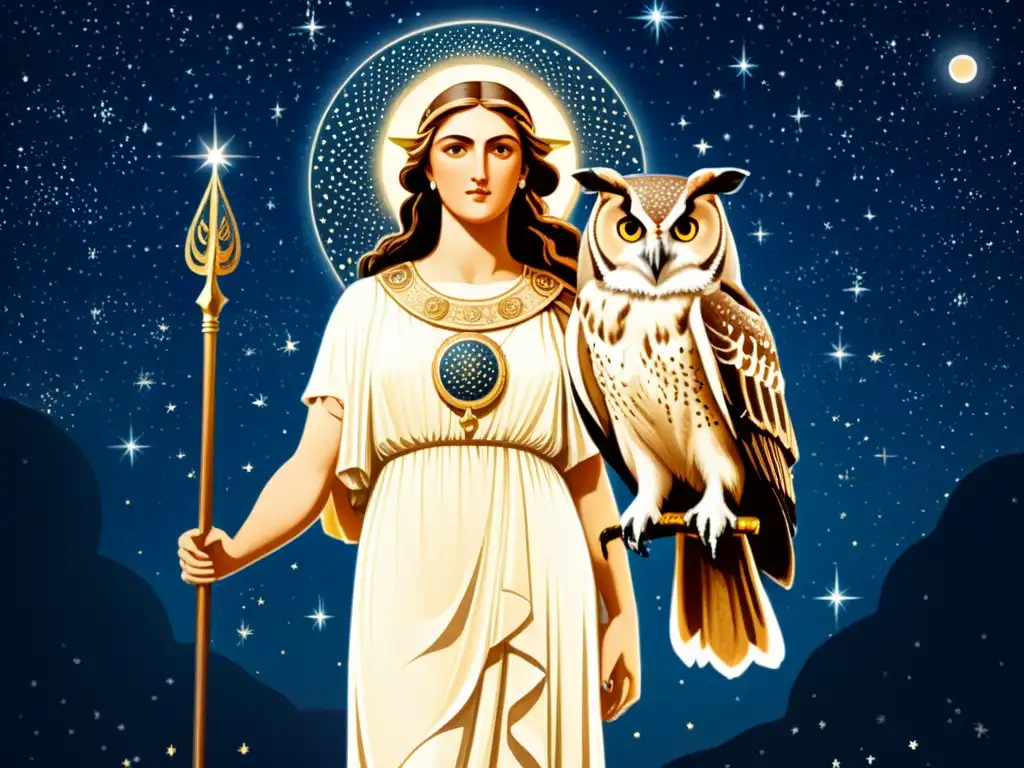 Imagen de la diosa griega Atenea con su búho, en un cielo estrellado que simboliza el significado de la mitología griega y la astronomía