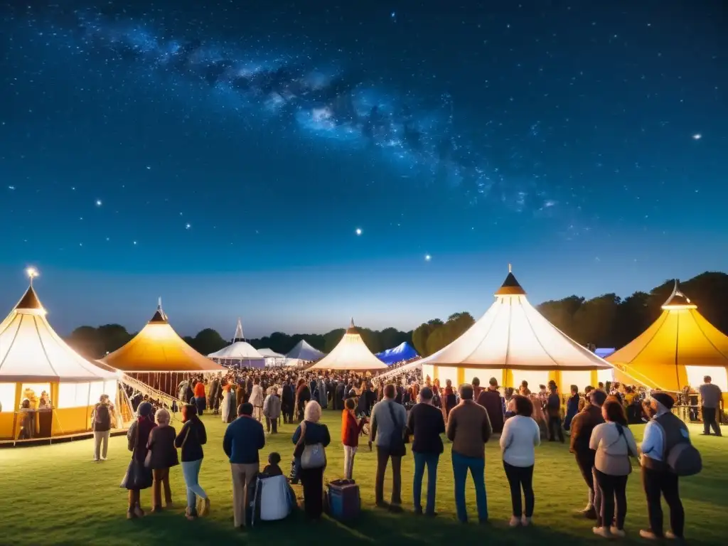 Imagen de feria de astronomía inclusiva con gente diversa disfrutando actividades bajo el cielo estrellado