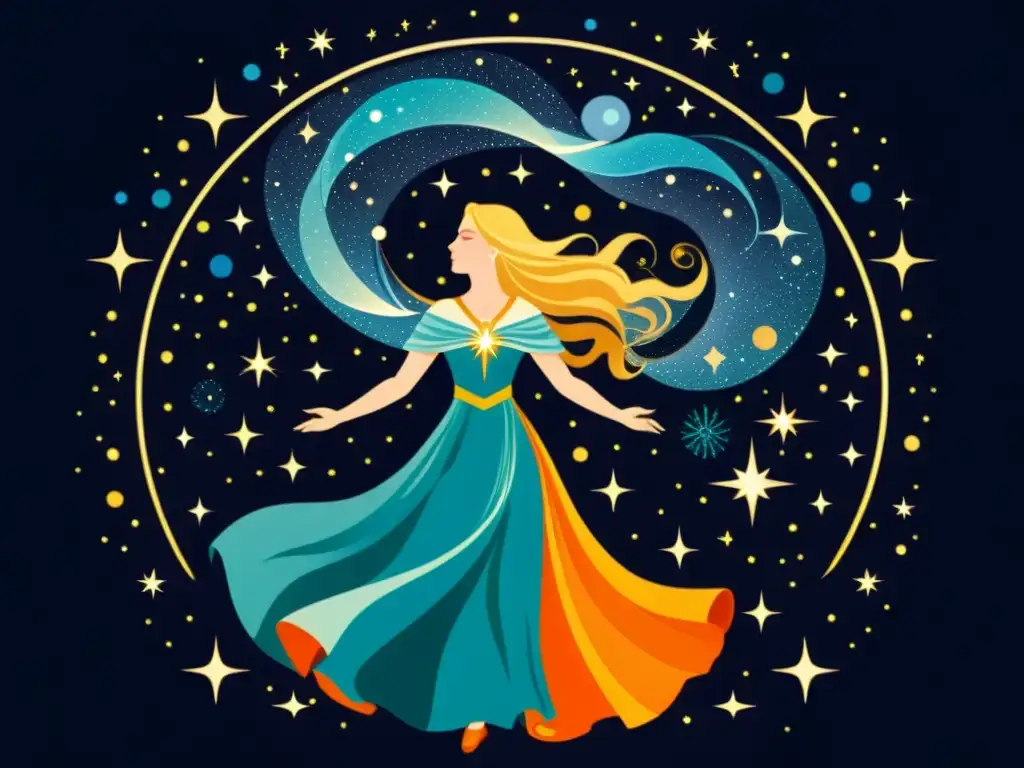 Imagen de Andromeda y Freyja entrelazadas en un baile celestial, evocando la belleza mítica de las estrellas y la mitología nórdica