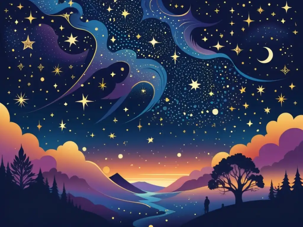 Majestuosos gigantes estelares en la noche vintage Imagen de gigantes estelares en constelaciones, con un cielo nocturno vintage lleno de detalles y colores cálidos
