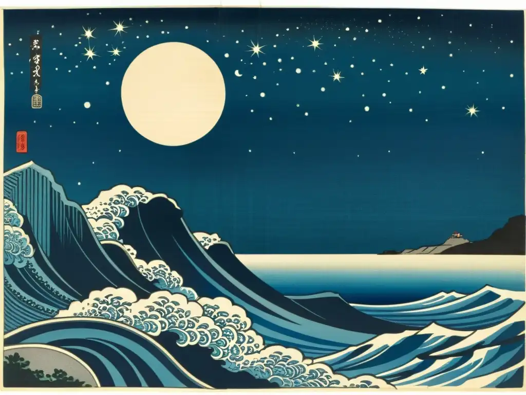 Imagen de grabado japonés vintage de Tsukuyomi, dios de la luna, en acantilado contemplando el mar tranquilo bajo el resplandor celestial