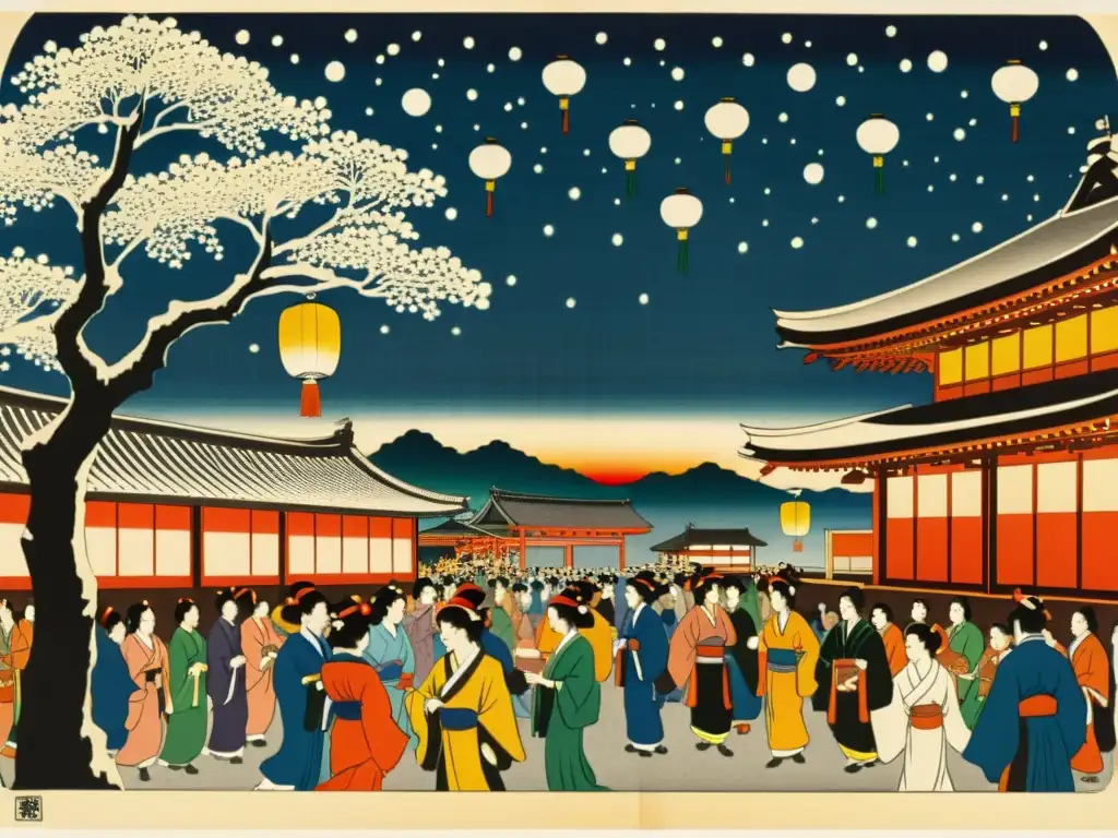 Imagen de grabado en madera vintage de un festival japonés bajo un cielo estrellado