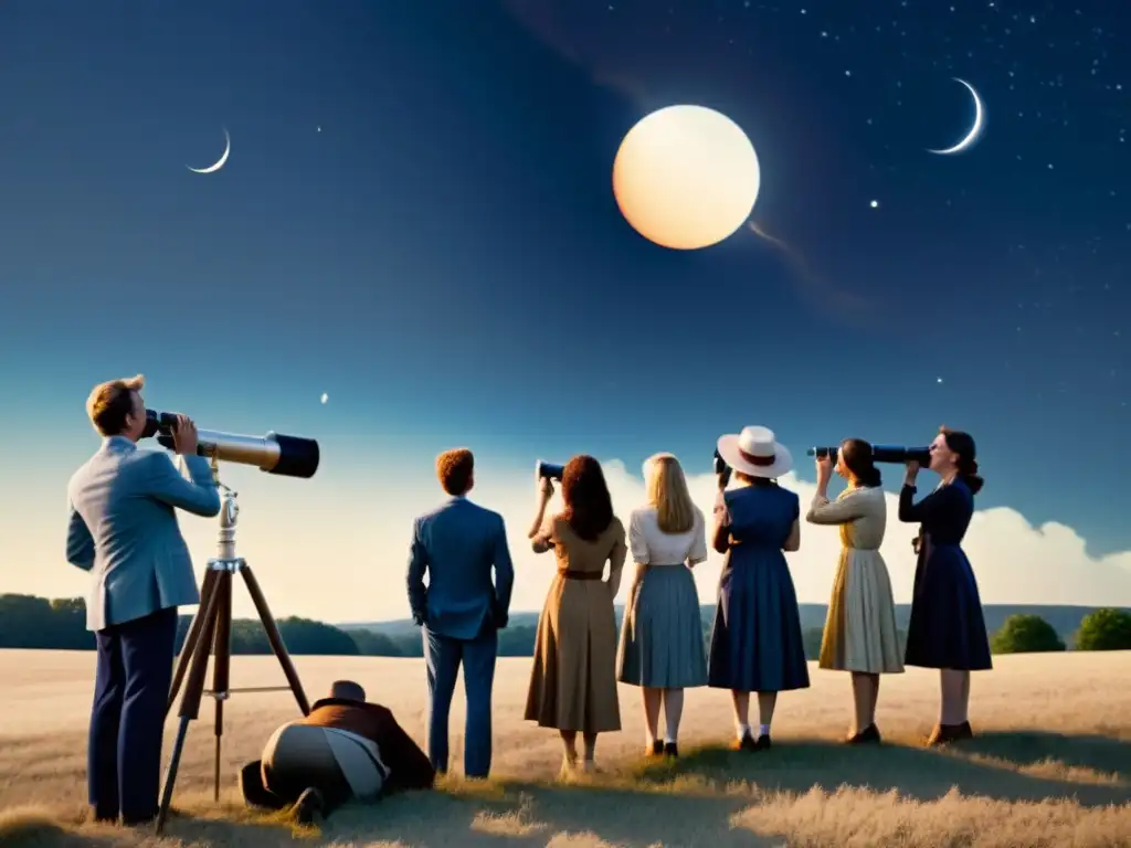 La imagen muestra a un grupo de personas disfrutando de un eclipse solar con telescopios antiguos en un campo