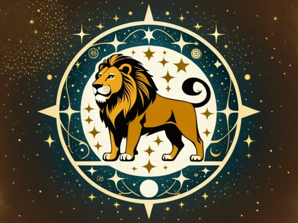 La imagen muestra una ilustración vintage de la constelación Leo con la estrella Regulus brillando en el corazón del león