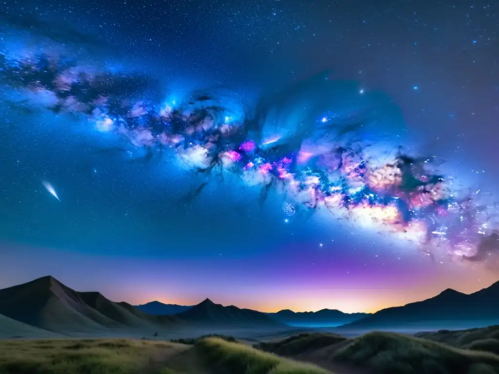 Imagen impactante de la Vía Láctea en tonos azules, morados y rosados, capturando la serena belleza del cielo nocturno