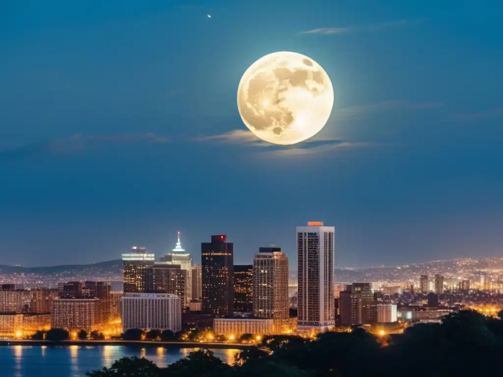 Una imagen impresionante de la luna llena sobre el horizonte urbano, capturando la magia de Ritos y creencias lunares urbanas