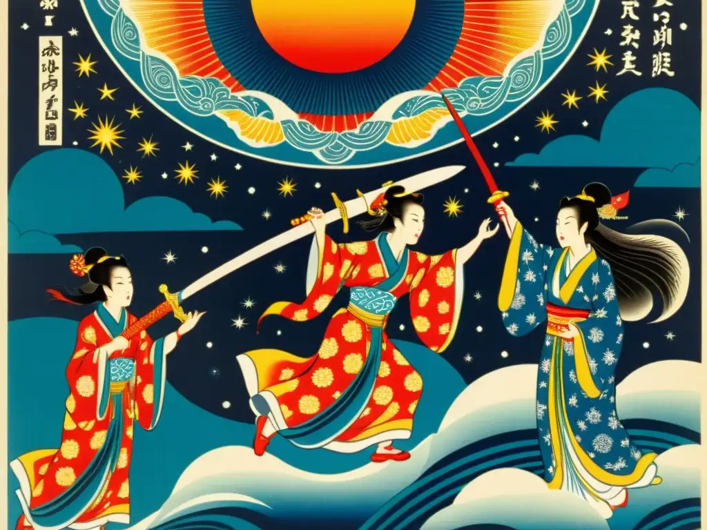 Imagen de una impresionante xilografía japonesa vintage que muestra la correspondencia celeste con la espada Kusanagi, con deidades y motivos celestiales en colores vibrantes y detalles intrincados