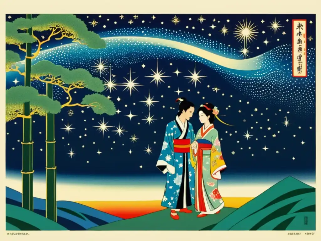 Imagen de la leyenda de amor Vega y Altair durante el festival Tanabata, con detalles japoneses y romántica atmósfera estelar