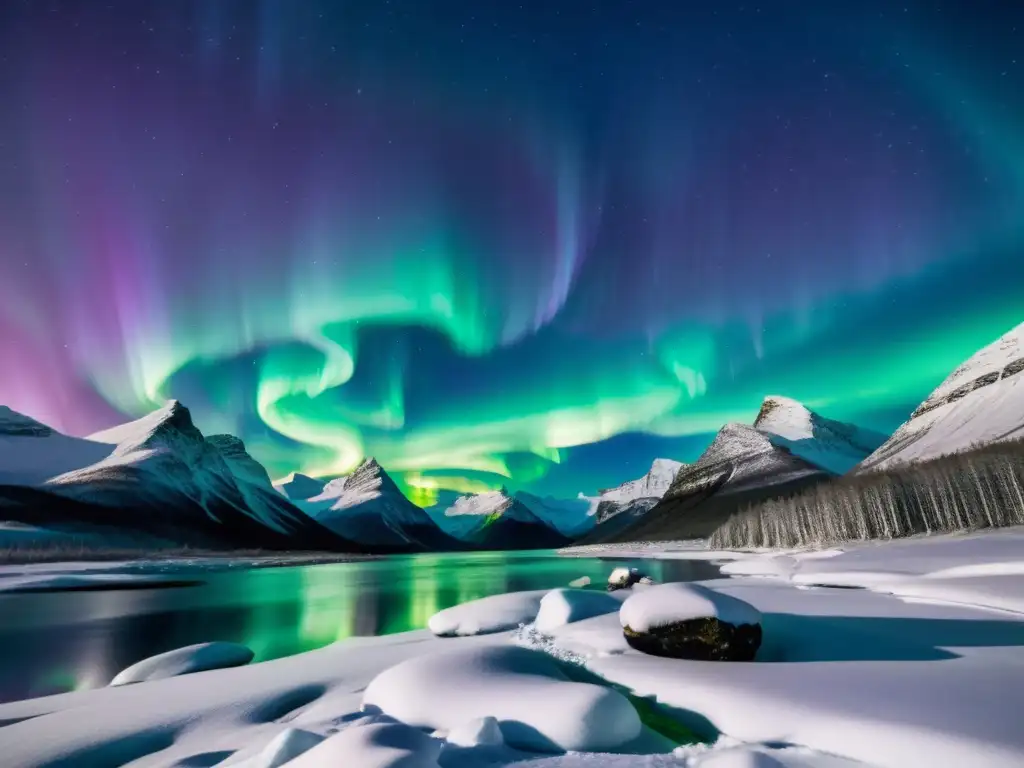 Imagen mística de la Aurora Boreal: fenómeno natural místico en el cielo nocturno, con colores vibrantes y paisaje invernal