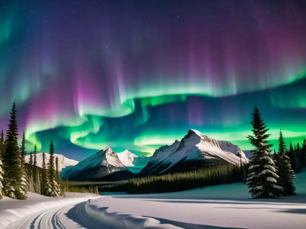 Imagen 8k de la mística Aurora Boreal, con colores vibrantes danzando en el cielo nocturno sobre montañas nevadas y pinos tranquilos