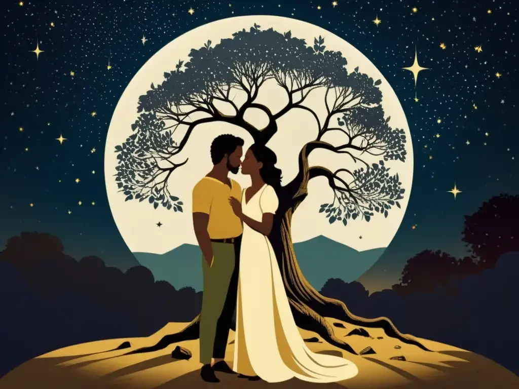Imagen del mito de Piramo y Tisbe en Babilonia, encuentro bajo el árbol de morera con constelaciones en el cielo nocturno