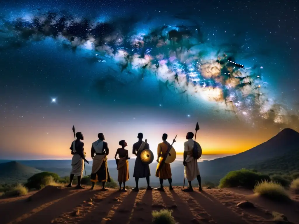 Imagen de mitología africana, vía láctea y héroes en un escenario celestial y místico