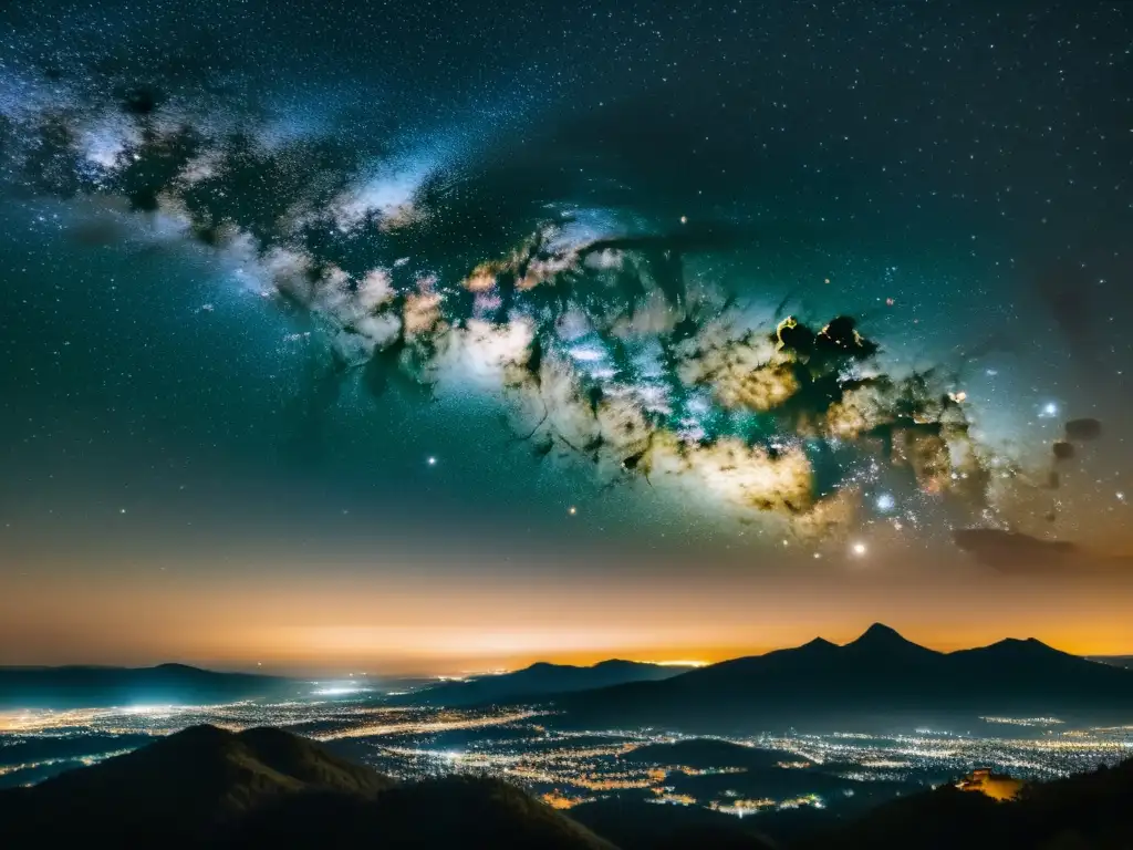 Imagen de una noche serena llena de estrellas y la Vía Láctea, con tenues luces de ciudad en el horizonte