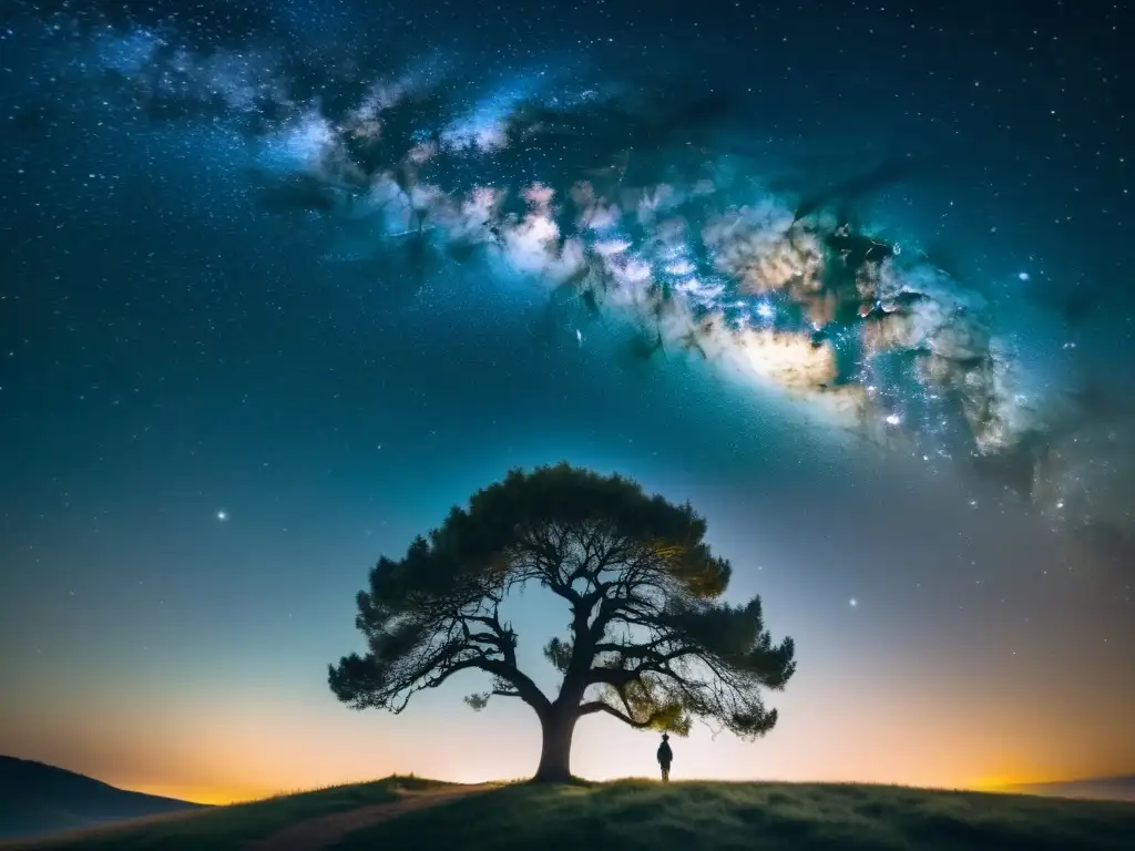 Imagen nocturna de la Vía Láctea sobre un árbol, evocando conciencia cósmica y protección del cielo nocturno