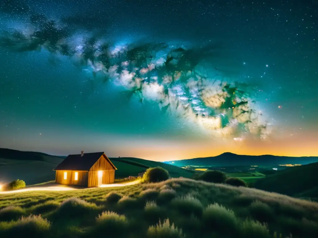 Imagen nocturna vintage de la Vía Láctea sobre un pueblo rural