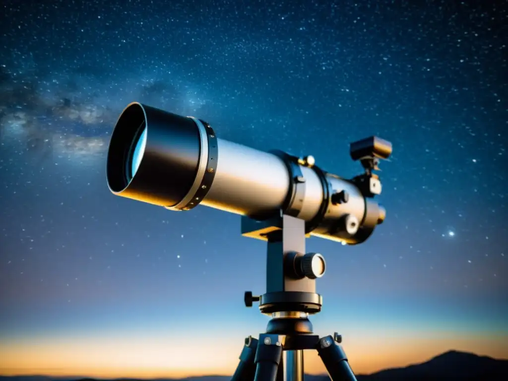 Imagen nostálgica de un adaptador de telescopio en cámara, con un cielo estrellado