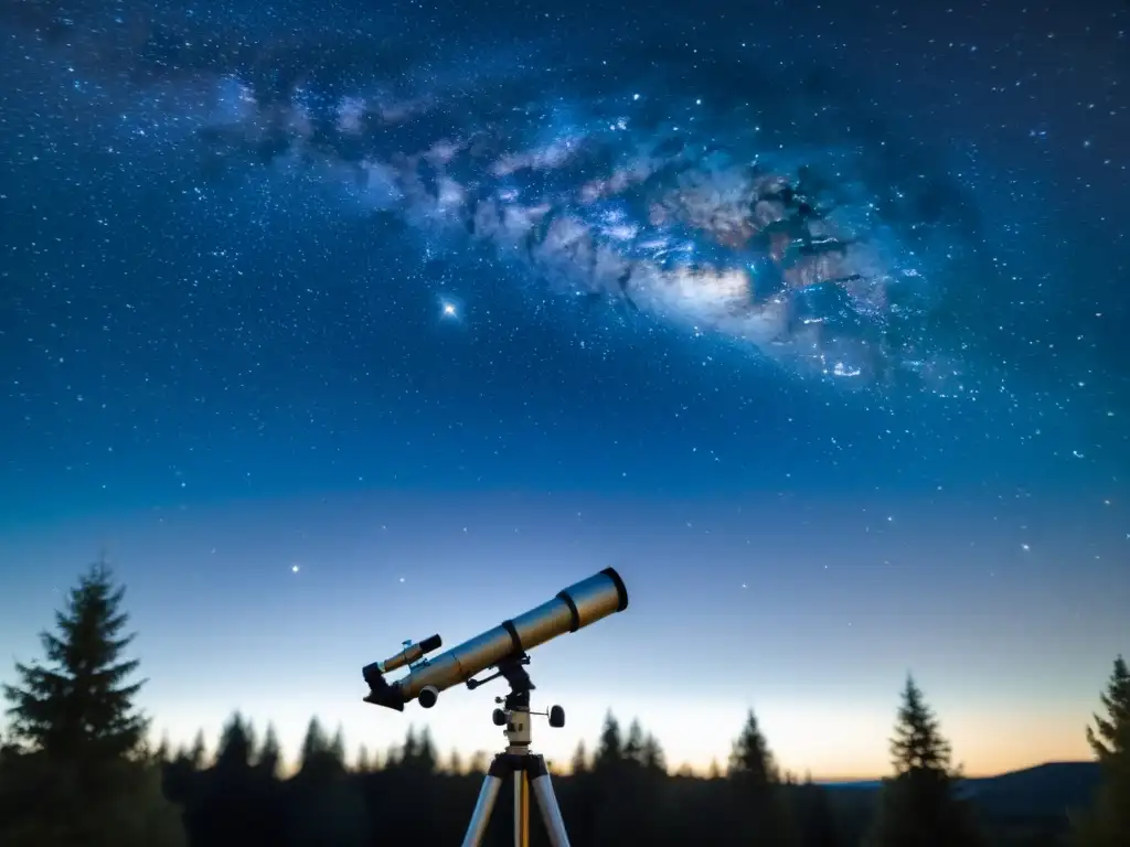 Imagen nostálgica de un cielo estrellado con constelaciones, árboles y un telescopio