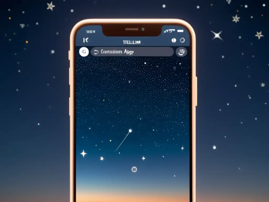 Imagen de pantalla de smartphone con la aplicación Stellarium Mobile para observar constelaciones en una noche estrellada detallada y envolvente