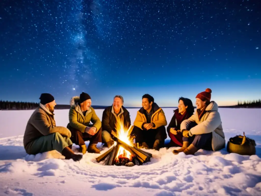 Imagen sepia de personas alrededor de una fogata bajo la estrella polar, celebrando con ropa invernal tradicional